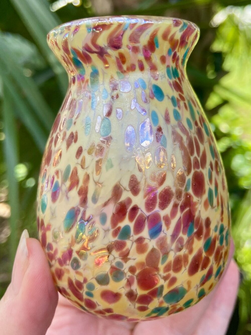 Vintage Ron Hinkle Art Glass Hand Blown Spatter Vase Buckhannon WV 3" Iridescent